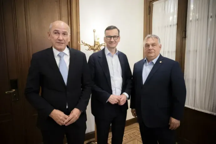 From right to left: Hungarian Prime Minister Viktor Orbán, former Polish Prime Minister Mateusz Morawiecki and former Slovenian Prime Minister Janez Janša meet in Brussels on 17 June 2024 – Photo by MTI / Prime Minister's Press Office / Vivien Benko Cher