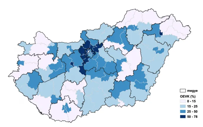 A Tisza Párt delegáltjainak aránya (százalék) az OEVK összes szavazókörében – Ábra: Bódi Mátyás / Telex