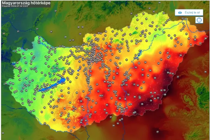 Magyarország hőtérképe 2024. július 14-én 12:03-kor – Forrás: Időkép