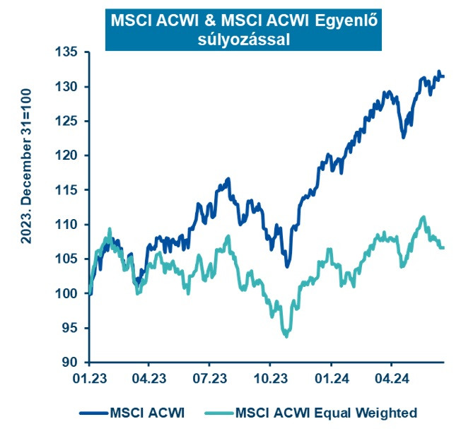 Az MSCI ACWI index fejlett és feltörekvő országok nagy és közepes kapitalizációjú részvényeinek összesített teljesítményét mutatja. A világosabb vonal az egyenlő súlyozású mutató, amelyben minden részvény azonos súllyal szerepel, függetlenül a piaci kapitalizációjától. Forrás: Amundi Investment Institute