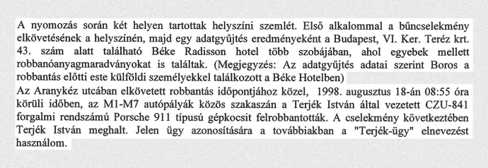 Részlet egy rendőrségi jelentésből, ami igazolja, hogy a hotelben robbanóanyag-maradványok voltak.