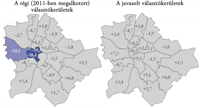 Budapest választókerületeinek eltérései a 2022-es országos átlagtól – Forrás: Választási Földrajz / Telex