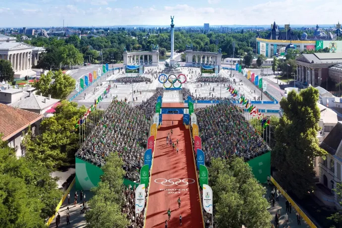 A Budapest 2024 által 2017. január 4-én közölt látványterv a Hősök teréről, az esetleges 2024-es budapesti olimpia országúti kerékpárversenyeinek, a gyaloglásnak és a maratonfutásnak a rajt–cél helyszínéről – Forrás: Budapest 2024