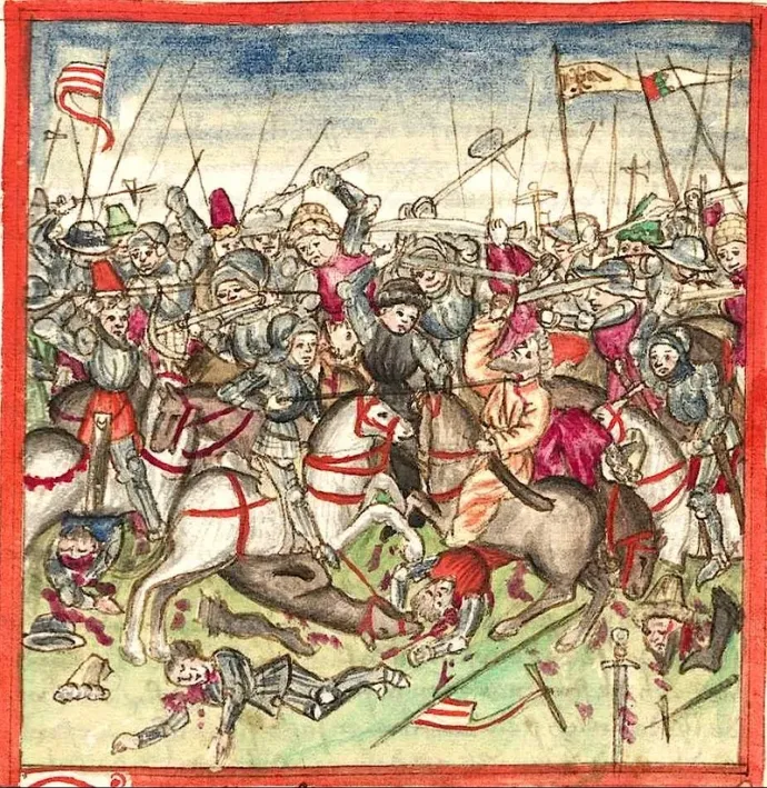 Az augsburgi csata Hektor Mülich (1415–1490) illusztrációján, Sigmund Meisterlin Nürnberg város történetét leíró, 1457-ben készült munkájában. (Staatsbibliothek Augsburg)