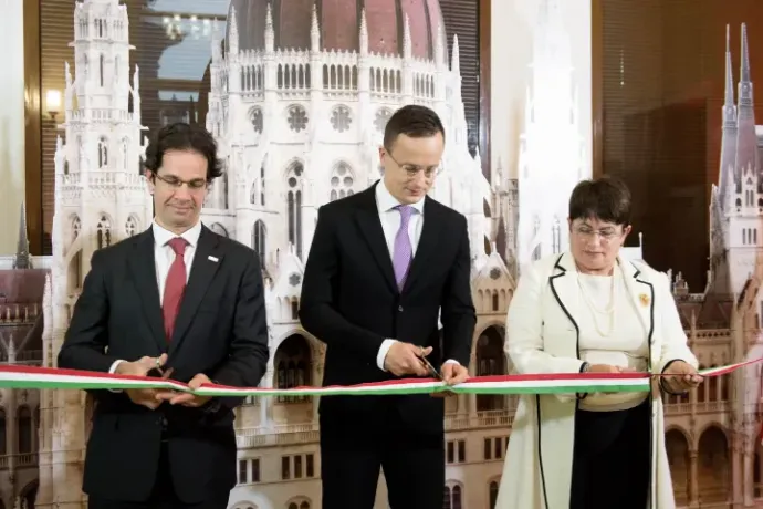 Minister of Foreign Affairs and Trade Péter Szijjártó at the opening of the Hungarian Export Promotion Agency's (HEPA) Moscow Office on 13 December 2019. Next to him are HEPA CEO Balázs Hendrich and office director Margarita Horváth-Ficzere – Photo: Mátyás Borsos / Ministry of Foreign Affairs and Trade / MTI