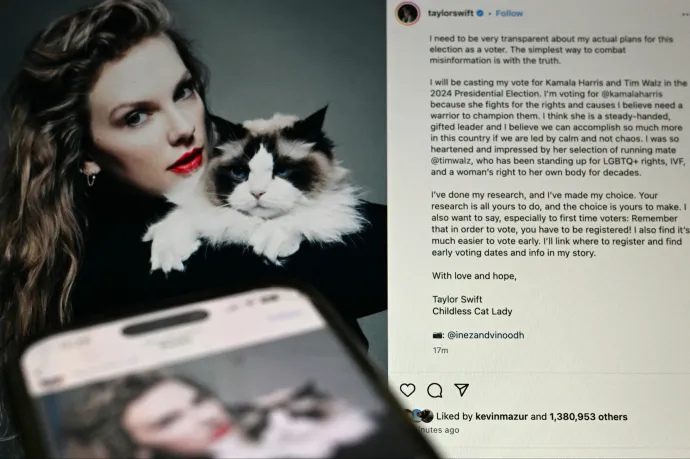 Taylor Swift Instagramon közölte, hogy Kamala Harrisre fog szavazni