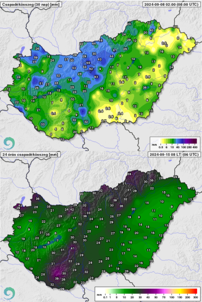 Felül a szeptember 8-át megelőző 30 nap, alul a szeptember 14-én reggel 8 órát követő 24 óra csapadékmennyisége. Forrás: Hungaromet