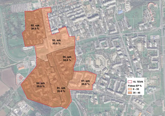 A Fidesz-KDNP egyéni önkormányzati képviselõjelöltjének támogatottsága 2024. június 9-én a pécsi 15. számú választókerület szavazóköreiben – Ábra: Bódi Mátyás / Telex