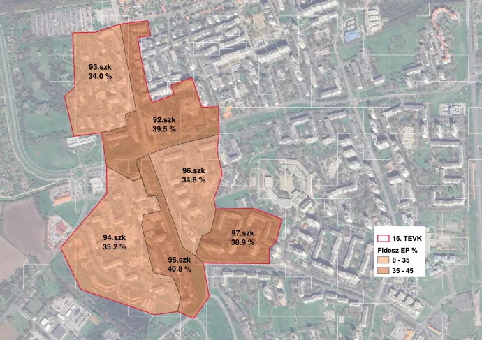 A Fidesz-KDNP egyéni önkormányzati képviselõjelöltjének támogatottsága 2024. szeptember 22-én, a pécsi 15. számú választókerület szavazóköreiben – Ábra: Bódi Mátyás / Telex