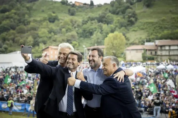 Andre Ventura, leader of the Portuguese right-wing Chega party, poses for a photo with Geert Wilders, leader of the Dutch Party for Freedom (PVV), Hungarian Prime Minister Viktor Orbán and Italian Deputy Prime Minister Matteo Salvini, President of the Italian right-wing Lega, at the party's rally in Pontida, Bergamo – Photo: MTI/Prime Minister's Press Office/Fischer Zoltán