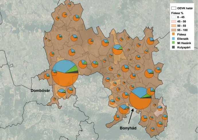 Tolna megye 2. választókerület települési eredményei a 2022-es országgyűlési választáson – Grafika: Bódi Mátyás / Telex