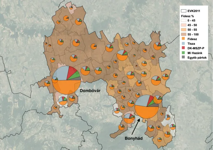 A 2024-es EP-választás települési eredményei Tolna vármegye 2. választókerületében – Grafika: Bódi Mátyás / Telex