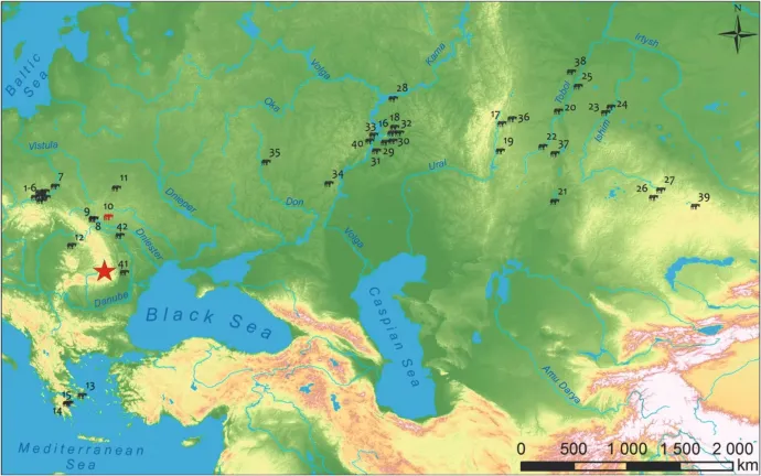 A lovas temetkezések elterjedése Kelet-Európában és az Urál vidékén. Csillaggal jelölve a árkosi lelőhely – Forrás: Makarowicz et alii 2023, 28, Fig. 11 nyomán / KKNM