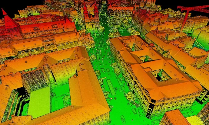 Forrás: Envirosense Hungary Kft., Nagy felbontású légi lézerszkennelésből (LiDAR) készített épület és vegetáció modellek