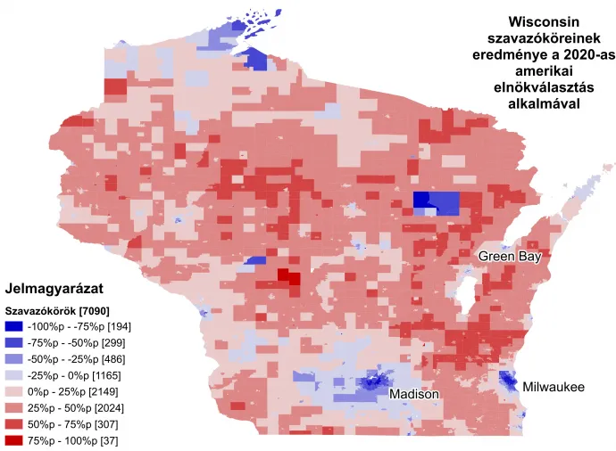 Wisconsin szavazóköri eredményei a 2020-as amerikai elnökválasztás alkalmával. – Forrás: Redistricting Data Hub