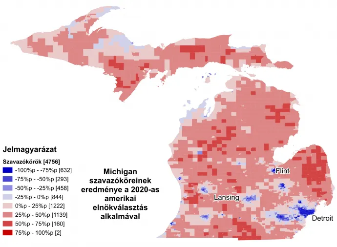 Michigan szavazóköri eredményei a 2020-as amerikai elnökválasztáson – Forrás: Redistricting Data Hub