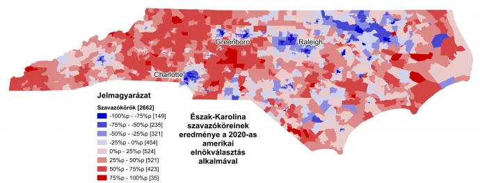 Észak-Karolina szavazóköreinek eredményei a 2020-as amerikai elnökválasztáson – Forrás: Redistricting Data Hub