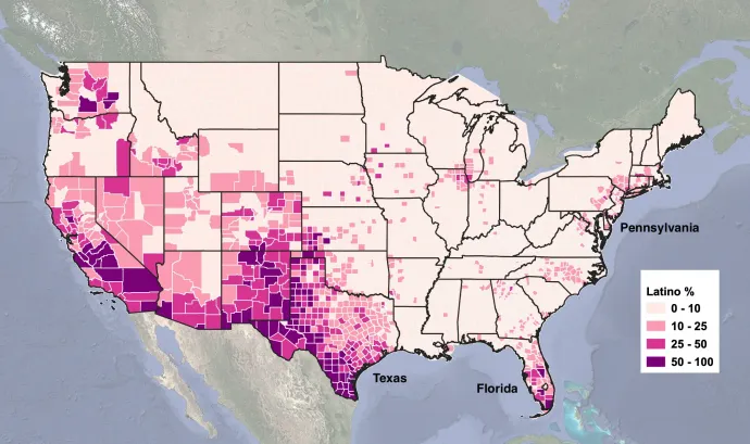 A latino népesség aránya az USA megyéiben (county) a 2020-as népszámlálás alapján (forrás: US Census Bureau) – Ábra: Bódi Mátyás / Telex