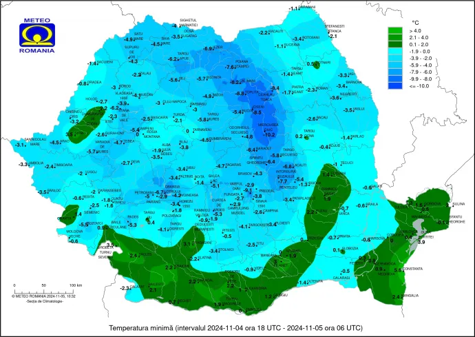 Mínusz fokok Romániában 2024. 11. 05. – Forrás: ANM
