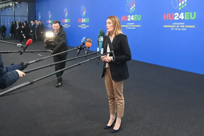 President of the European Parliament, Roberta Metsola, arriving at the informal EU summit at Budapest's Puskás Aréna on 8 November, 2024 – Photo: Zoltán Máthé / MTI