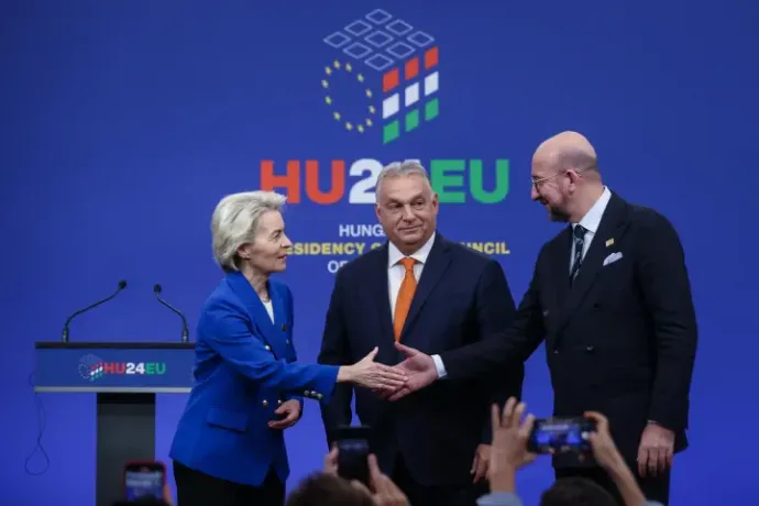 Ursula von der Leyen, President of the European Commission (left), Charles Michel, President of the European Council (right) and Viktor Orbán, Prime Minister of Hungary, at the joint press conference after the informal meeting of the Heads of State and Government of the European Union in the Puskás Arena in Budapest on 8 November 2024 – Photo: István Huszti / Telex