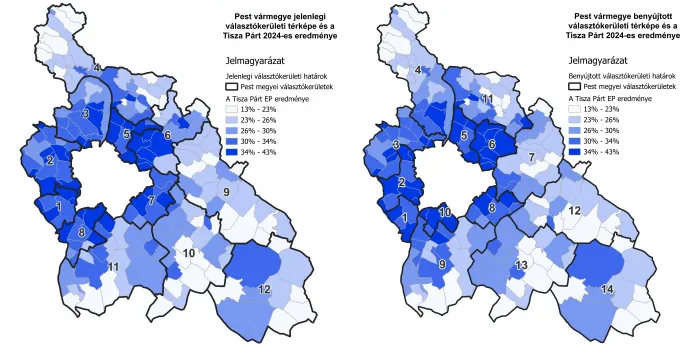 Pest megye településeinek EP-választási eredménye a jelenlegi és a benyújtott választókerületi rendszer alapján. – Forrás: Kovalcsik Tamás / Választási Földrajz