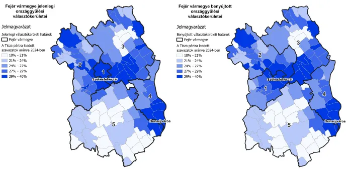 Fejér vármegye településeinek EP-választási eredménye a jelenlegi és a benyújtott választókerületi rendszer alapján. – Forrás: Kovalcsik Tamás / Választási Földrajz