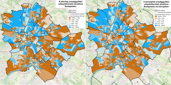 A jelenlegi és a benyújtott országgyűlési választókerületek határai Budapesten és a 2024-es EP-választás eredménye – Forrás: Kovalcsik Tamás / Választási Földrajz