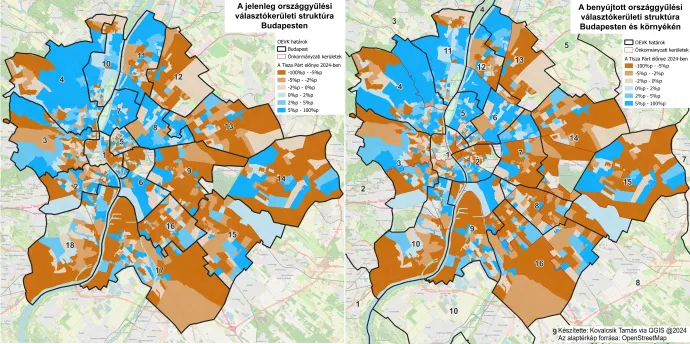 A jelenlegi és a benyújtott országgyűlési választókerületek határai Budapesten és a 2024-es EP-választás eredménye – Készítette: Kovalcsik Tamás / Választási Földrajz / Telex – Forrás: OpenStreetMap