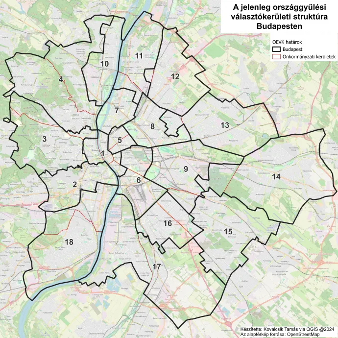 Budapest jelenlegi és az új egyéni országgyűlési választókerületi struktúrája – Készítette: Kovalcsik Tamás / Választási Földrajz / Telex – Forrás: OpenStreetMap