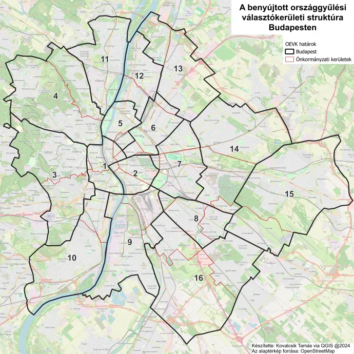 Budapest jelenlegi és az új egyéni országgyűlési választókerületi struktúrája – Készítette: Kovalcsik Tamás / Választási Földrajz / Telex – Forrás: OpenStreetMap