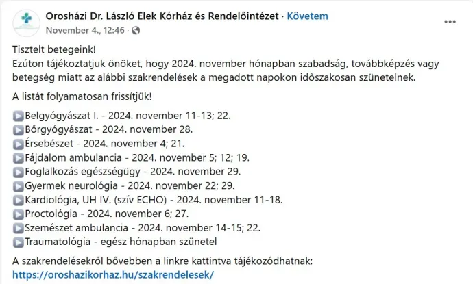 A kórház a Facebookon tájékoztatta a betegeket a novemberben kieső rendelési napokról. Forrás: Facebook