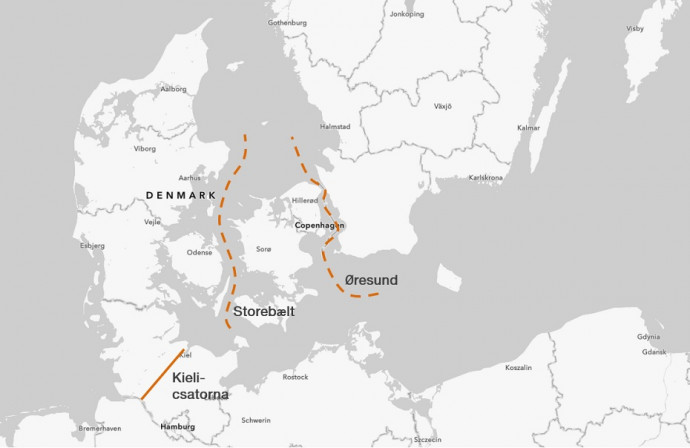 Olajszállítási csomópontok a dán szorosoknál. Forrás: EIA: Country Analysis Brief: World Oil Transit Chokepoints (2024), ArcGIS Online, Concorde Elemzés