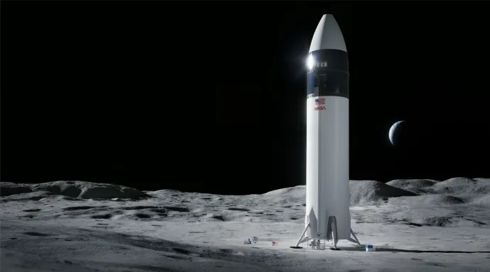 Művészi illusztrációk egy HLS-re dokkolt Orion űrkapszuláról és egy, a Holdon álló HLS-ről és két űrhajósról – Forrás: SpaceX