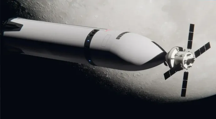 Művészi illusztrációk egy HLS-re dokkolt Orion űrkapszuláról és egy, a Holdon álló HLS-ről és két űrhajósról – Forrás: SpaceX