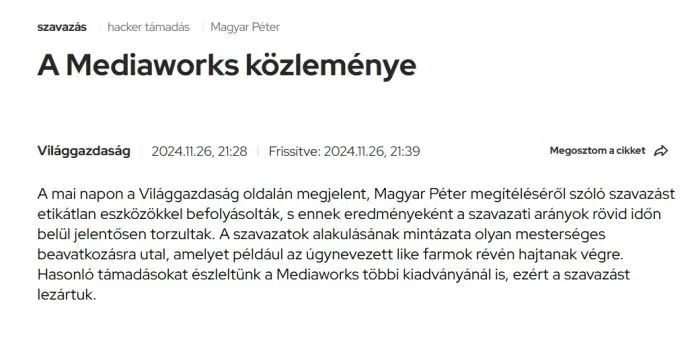 A Mediaworks közleménye 2024. november 26-án – Fotó: Világgazdaság