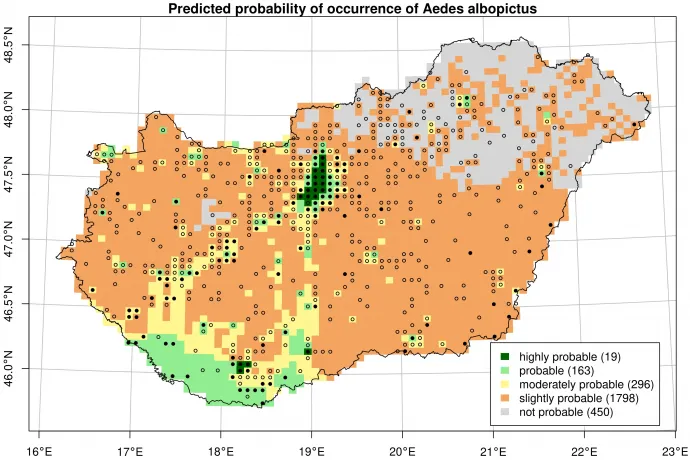 Az ázsiai tigrisszúnyog potenciális előfordulási helyeinek előrejelzése – Forrás: HUN-REN Ökológiai Kutatóközpont