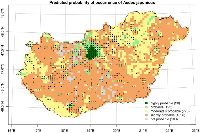 A japán bozótszúnyog potenciális előfordulási helyei – Forrás: HUN-REN Ökológiai Kutatóközpont