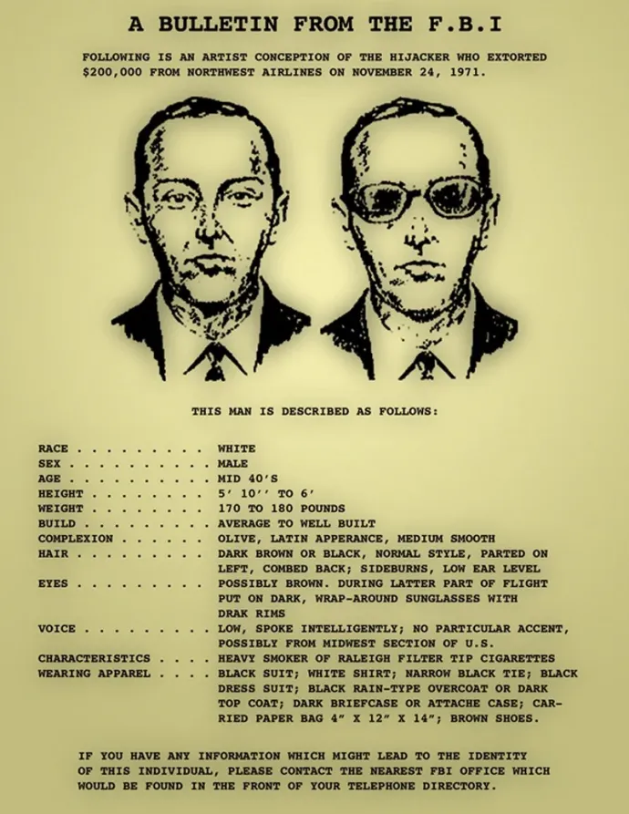 D.B. Cooper személyleírása – Fotó: FBI