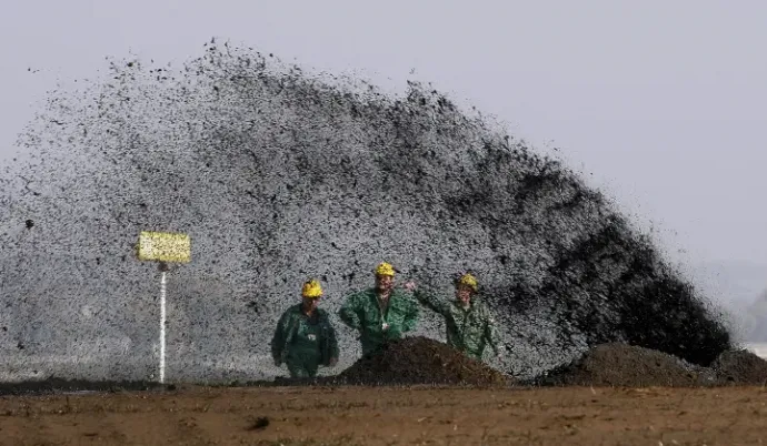 Oil splashes from the Friendship oil pipeline near Ecser on 14 October 2008. This was not sabotage, a construction machine had punctured the pipeline, which was then closed down due to safety concerns – Photo: Viktor Veres / AFP