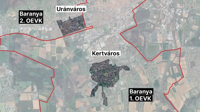 A pécsi Kertváros és Uránváros lakótelepek elhelyezkedése és az országgyűlési választókerületi határ – Ábra: Bódi Mátyás / Telex