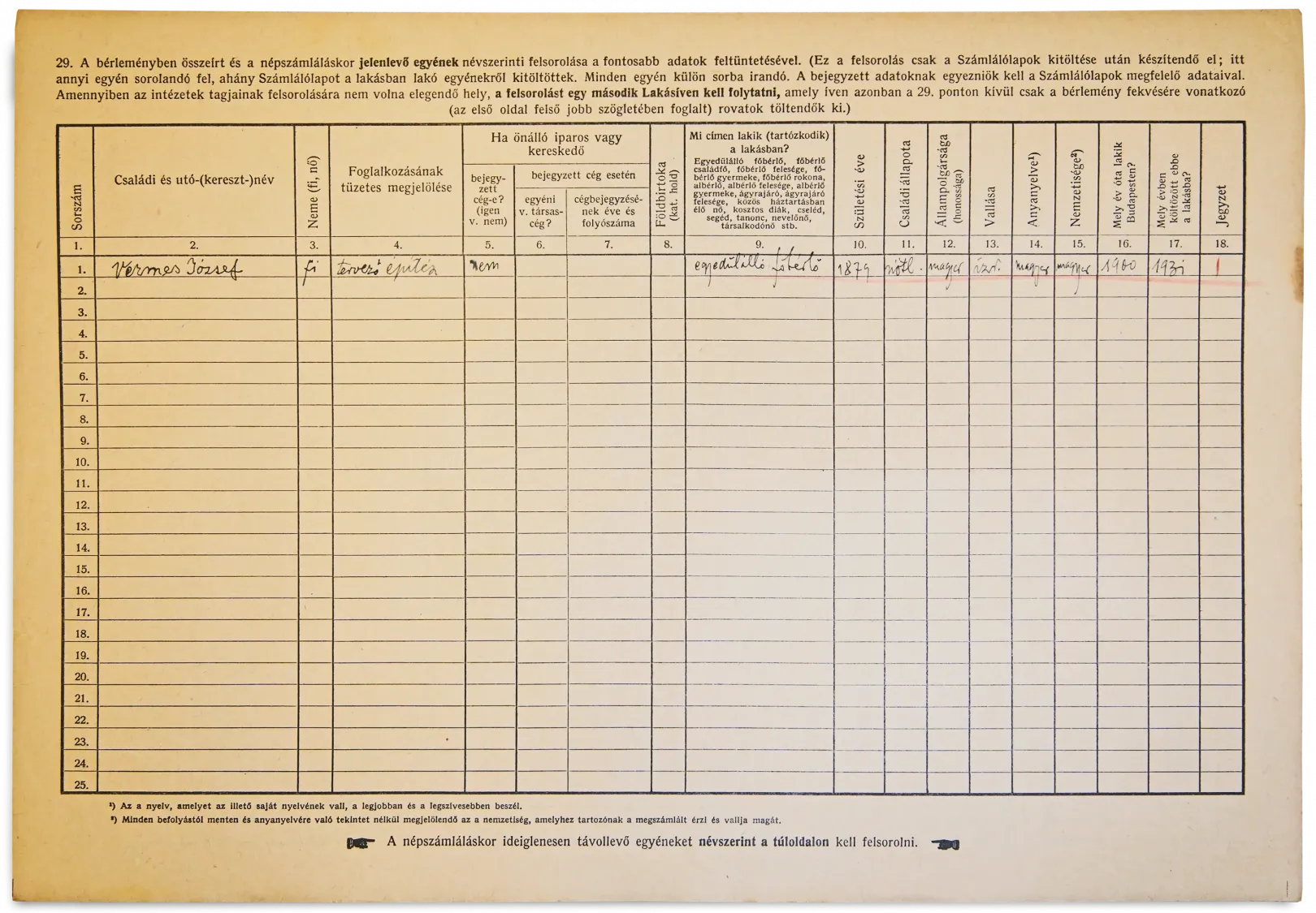 A Vermes által kitöltött 1941-es népszámlálási ív harmadik oldala – Forrás: Budapest Főváros Levéltára / HU BFL IV 1419 j 656 II 0167