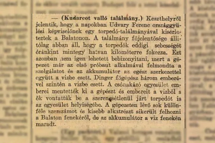 Hír a búvárhajó tesztjéről a Pesti Hírlap 1905. július 26-i számában – Forrás: Arcanum