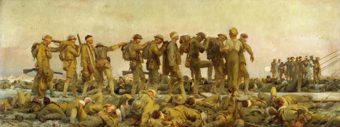 John Singer Sargent Gáztámadás sebesültjei (Gassed) című festményén is megjelennek a focizó katonák – Forrás: Wikipédia