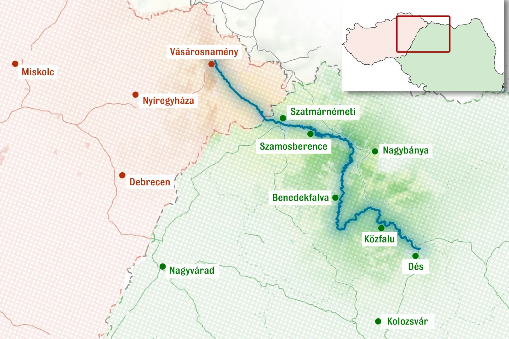 A Szamos folyó útja a romániai Déstől a magyarországi Vásárosnaményig – Térkép: Bakró-Nagy Ferenc / Telex