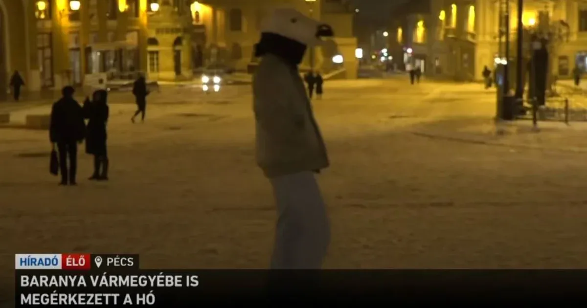Egy lófejes férfi belesétált a köztévé havazásról szóló pécsi riportjába