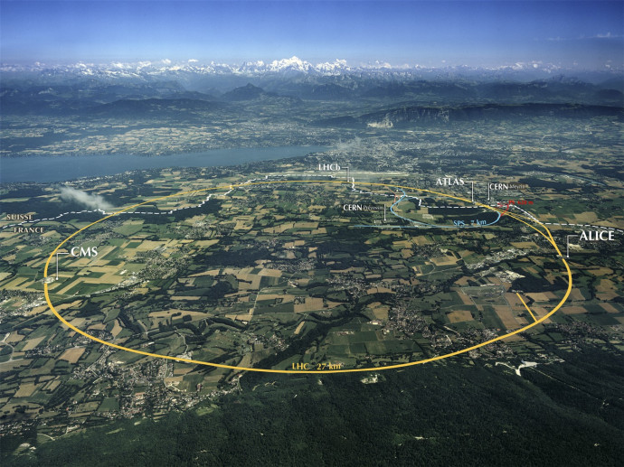 A CERN főleg föld alatti infrastruktúrája egy légifelvételen ábrázolva. Fotó: CERN