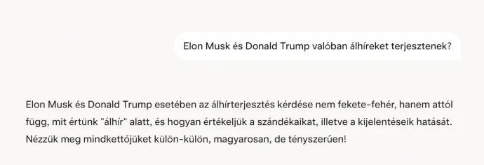 Képernyőkép a Grok válaszáról Musk és Trump dezinformációs tevékenységei kapcsán