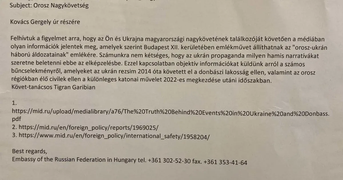 Levelet küldött az orosz nagykövetség Kovács Gergelynek a háború áldozatainak szóló emlékmű miatt