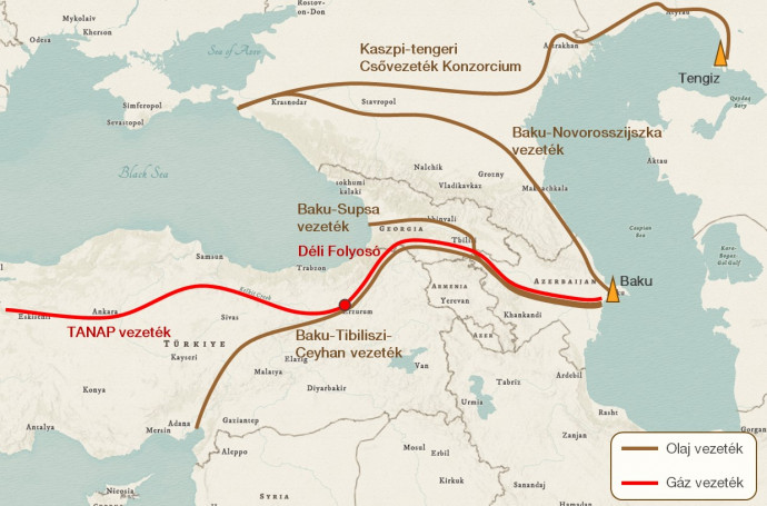 Kulcsfontosságú kőolaj- és földgázvezetékek a kaszpi régióból Európa felé. Forrás: ArcGIS Online, Concorde-elemzés